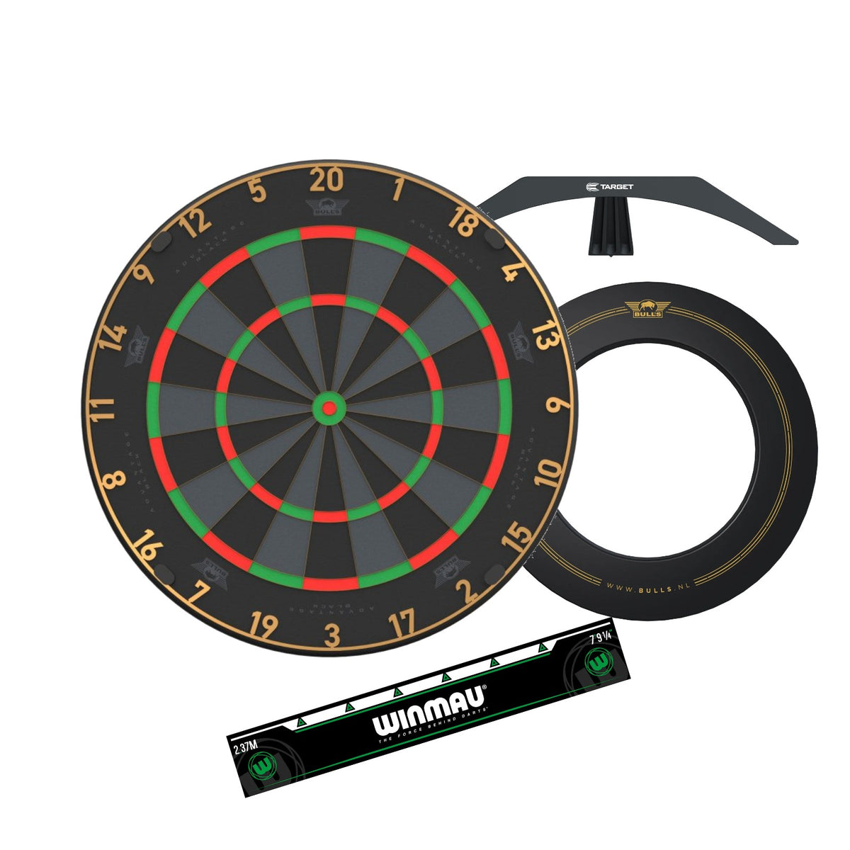 Complete Darts Setup Bundle - Advantage Black + Advantage Gold Surround + Arc Dartboard Light + Green Oche Line