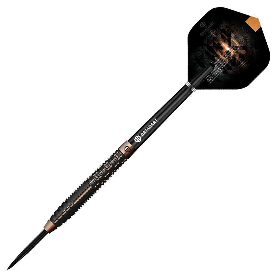 Angled full view tungsten dart isolated on white, showcasing shark-cut grip, tapered nose, and custom flight design