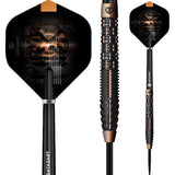Tungsten dart set with close-up of shark-cut grip, black and copper barrel, full dart, and detailed flight design on white background
