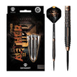 Aether 95% tungsten steel tip darts displayed in retail packaging and isolated on white, highlighting shark-cut grip and precision grooves.