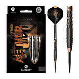 Aether 95% tungsten steel tip darts displayed in retail packaging and isolated on white, highlighting shark-cut grip and precision grooves.