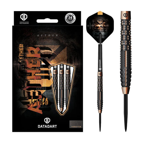 Aether 95% tungsten steel tip darts displayed in retail packaging and isolated on white, highlighting shark-cut grip and precision grooves.