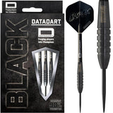 Black Torpedo 90% tungsten darts in retail packaging with close-up full dart view showing black barrel grip and flight detail
