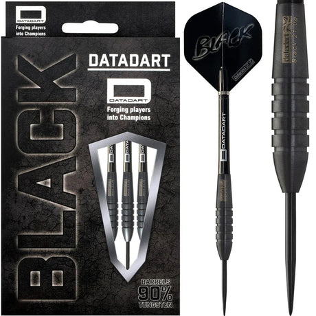 Black Torpedo 90% tungsten darts in retail packaging with close-up full dart view showing black barrel grip and flight detail