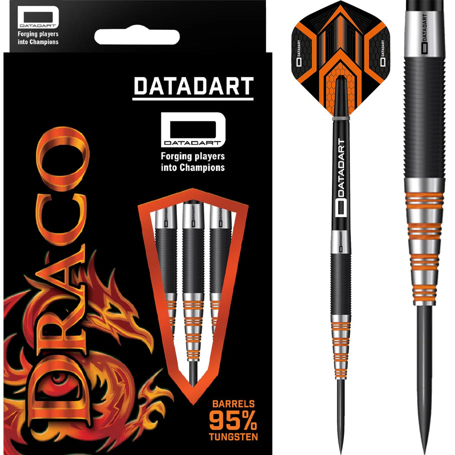 Datadart Draco 95% tungsten darts in retail packaging and isolated close-up, showing black grip, orange rings, and angled flight design