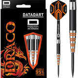 Datadart Draco 95% tungsten darts in retail packaging and isolated close-up, showing black grip, orange rings, and angled flight design