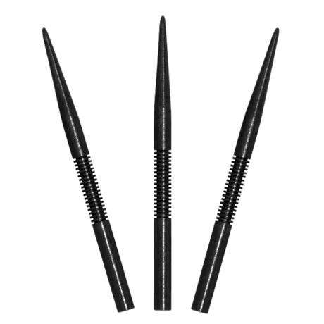 Black steel dart tip points with precision grip texture, set of three, isolated on white background for dart accessories