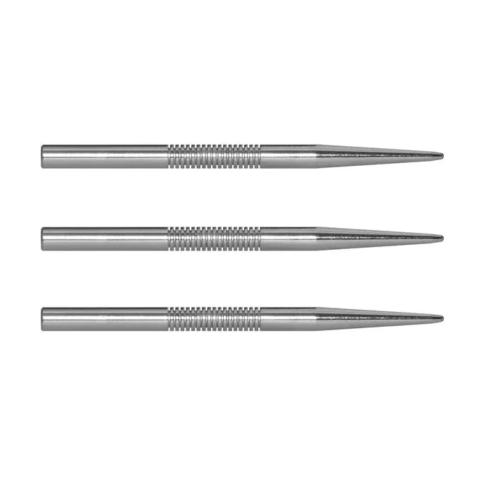 Three silver steel dart points aligned horizontally on white background, showing detailed grip texture and precision-engineered tips