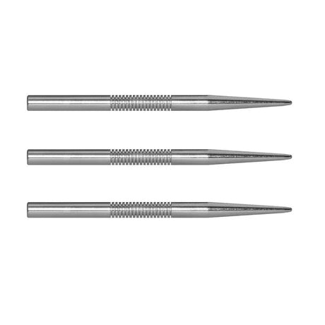 Three silver steel dart points aligned horizontally on white background, showing detailed grip texture and precision-engineered tips