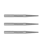 Three silver steel dart points side by side on white background showing precision grip and sharp tips