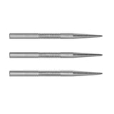 Three silver steel dart points with precision grip detail, top-down view, isolated on white background for darts setup