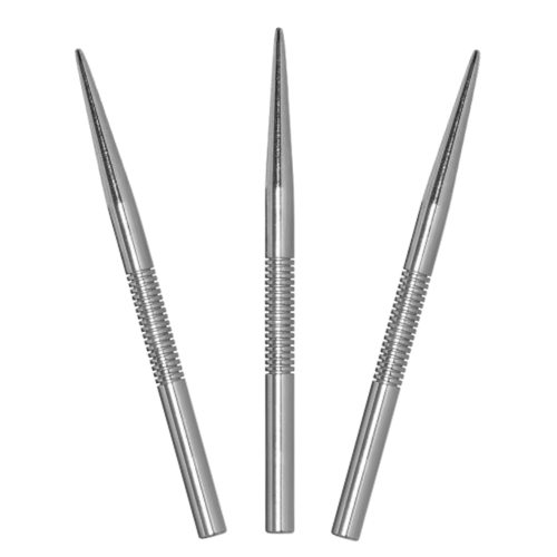 Three silver steel dart points isolated on white background, displaying precision grip texture and sharp tip design for dartboard accuracy
