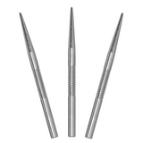 Three silver steel dart points isolated on white background, displaying precision grip texture and sharp tip design for dartboard accuracy