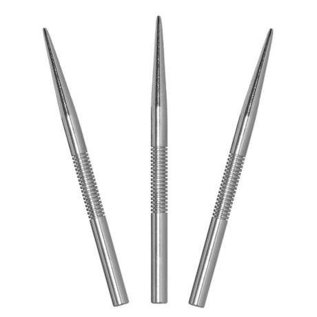 Three silver steel dart points isolated on white background, displaying precision grip texture and sharp tip design for dartboard accuracy
