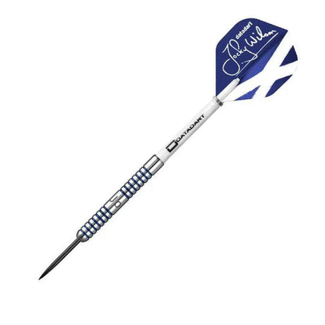 Single 90% tungsten dart shown angled on white, knurled blue-silver barrel, sharp steel tip, Jocky Wilson signature flight.