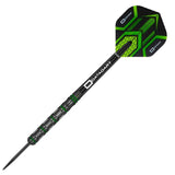 Slim 90% tungsten dart with razor grip, black and green ringed barrel, and geometric green flight isolated on white background