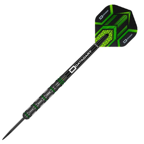 Slim 90% tungsten dart with razor grip, black and green ringed barrel, and geometric green flight isolated on white background