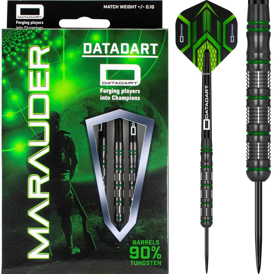 90 percent tungsten darts in retail packaging with close-up of black and green razor grip barrel and slim ring design