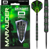 90 percent tungsten darts in retail packaging with close-up of black and green razor grip barrel and slim ring design