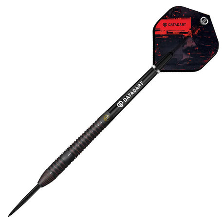 Angled full view of NYX 90% tungsten dart with shark-cut grip, radial grooves, and patterned flight isolated on white background
