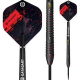 90% tungsten dart set with close-up of shark-cut grip, radial grooves, and red-black flight, isolated on white background