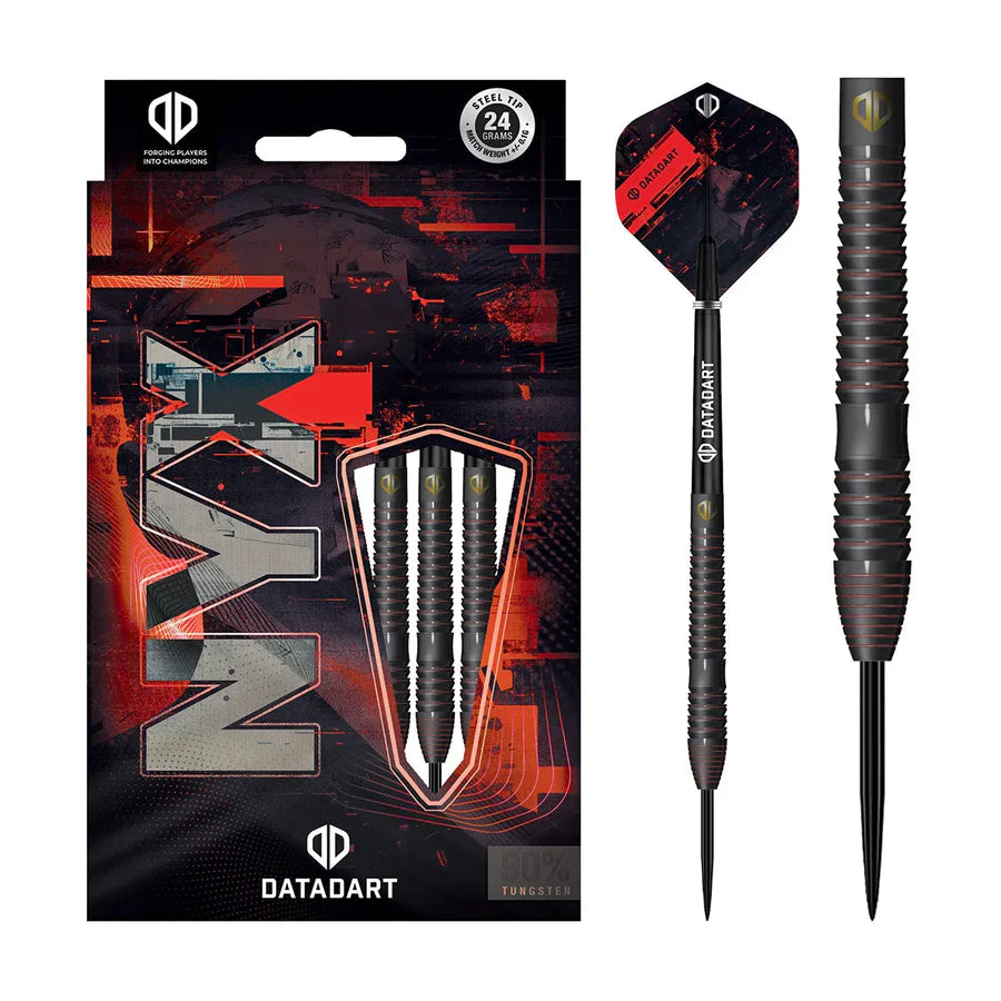 Steel tip tungsten darts in retail packaging with close-up of radial grooves and shark-cut grip barrel design
