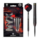 Steel tip tungsten darts in retail packaging with close-up of radial grooves and shark-cut grip barrel design