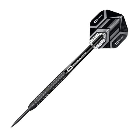 Straight tungsten dart with precision grip barrel, black shaft, hexagon patterned flights, isolated on white background