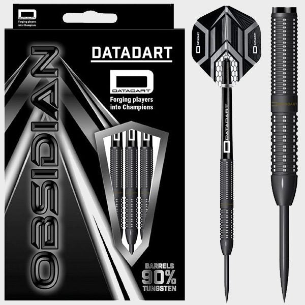 90% tungsten straight darts set in retail packaging with close-up of barrel grip, black finish, and geometric flights