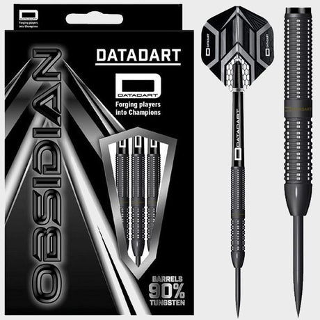 90% tungsten straight darts set in retail packaging with close-up of barrel grip, black finish, and geometric flights