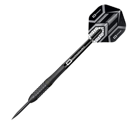 Single 90% tungsten dart full view on white background, highlighting knurled grip barrel and black geometric flight for precision throws