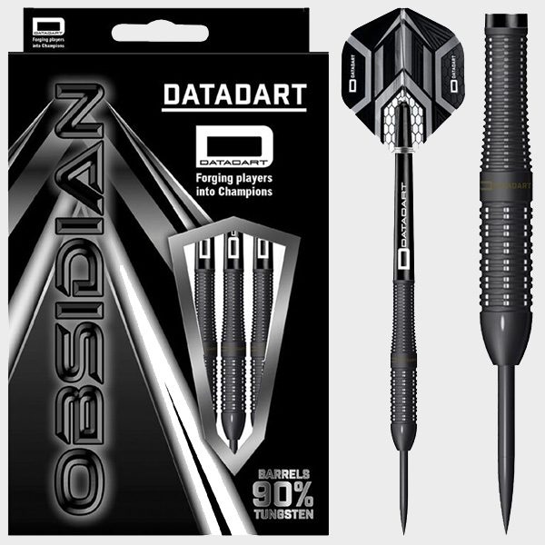 Full view of 90% tungsten darts in retail packaging with concave grip, black flights, and single assembled dart isolated on white