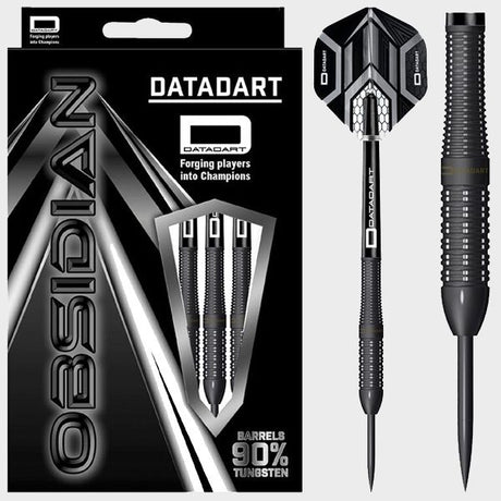 Full view of 90% tungsten darts in retail packaging with concave grip, black flights, and single assembled dart isolated on white