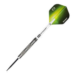 Angled full view of 90 percent tungsten dart with textured grip barrel, black steel tip, and green-yellow flight on white background