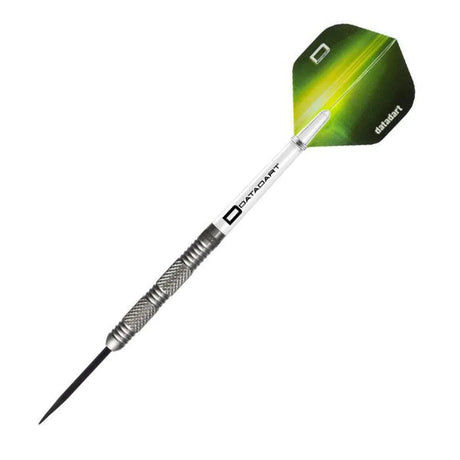 Angled full view of 90 percent tungsten dart with textured grip barrel, black steel tip, and green-yellow flight on white background