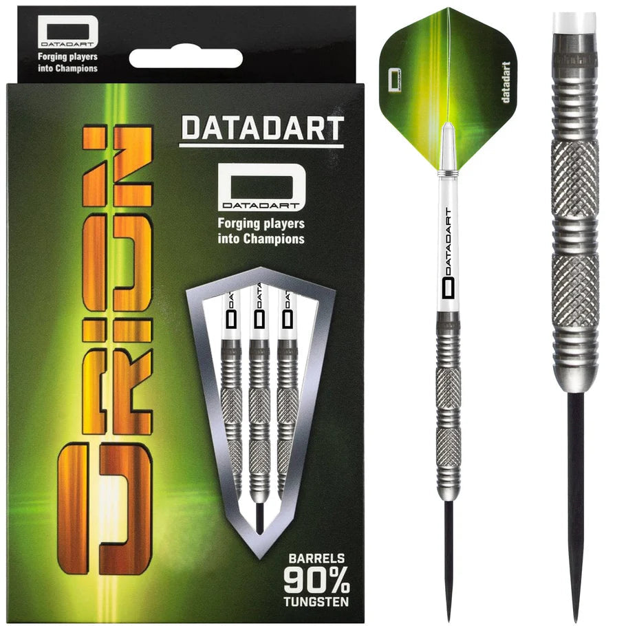 Orion Shark 90% tungsten darts in retail packaging with single dart isolated, knurled grip and long black point highlighted