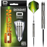 Orion Shark 90% tungsten darts in retail packaging with single dart isolated, knurled grip and long black point highlighted