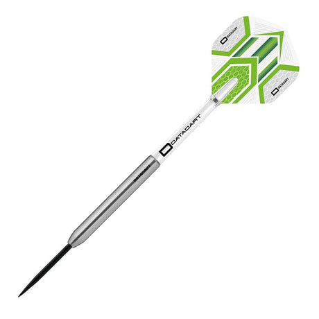 Single smooth tungsten dart on white background with green geometric flights, slim barrel, and sharp steel tip in full product view