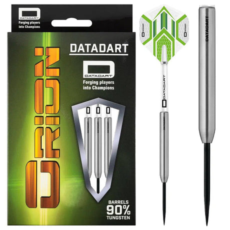 Orion Smooth 90% tungsten darts set in retail box with two darts displayed, featuring sleek smooth barrels and green geometric flights.
