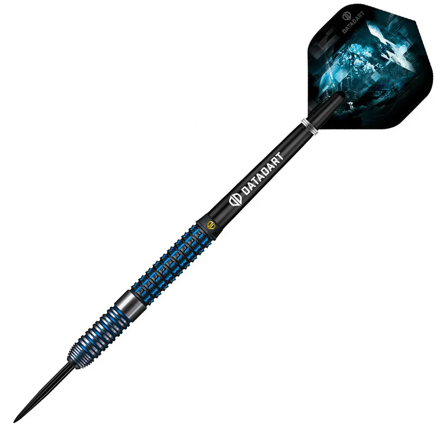 90 percent tungsten dart full view on white background highlighting radial grip cuts, black shaft, and blue patterned flight