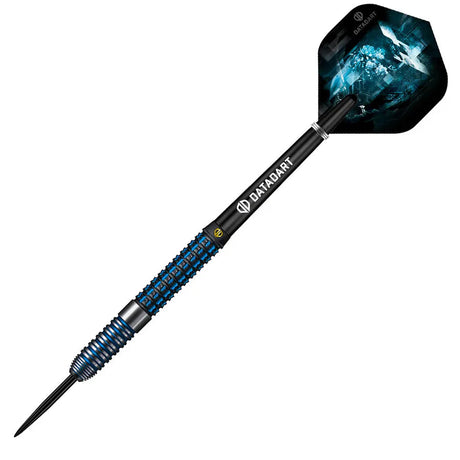 90 percent tungsten dart full view on white background highlighting radial grip cuts, black shaft, and blue patterned flight