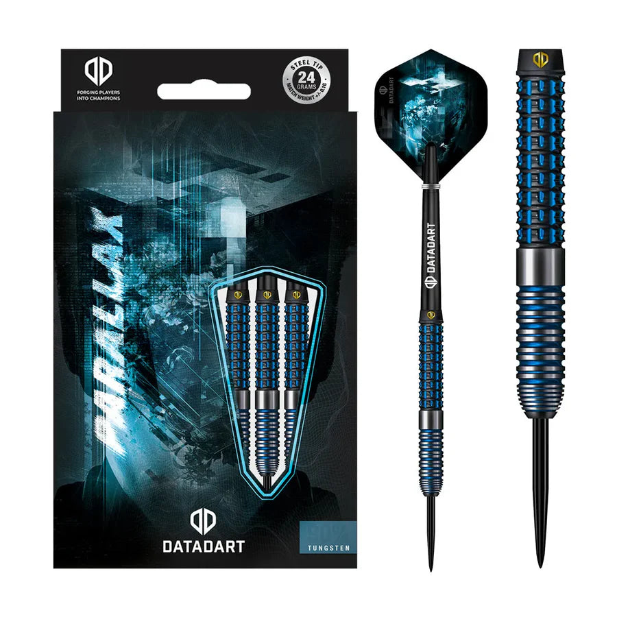 90% tungsten darts in retail packaging with close-up of radial cut grip, steel tip, and assembled dart featuring textured barrel