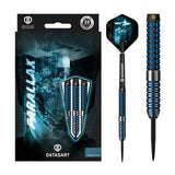 90% tungsten darts in retail packaging with close-up of radial cut grip, steel tip, and assembled dart featuring textured barrel