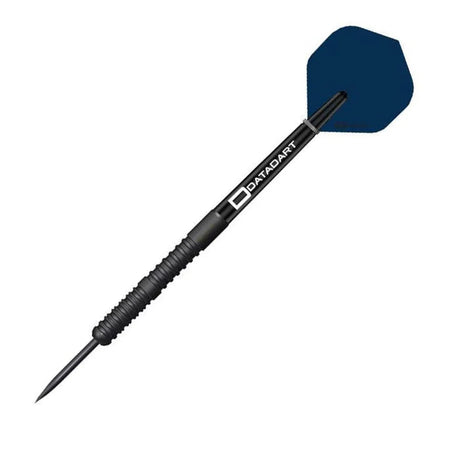 Single 90% tungsten dart full view on white, black PVD barrel, knurled grip, sharp steel tip, blue flight
