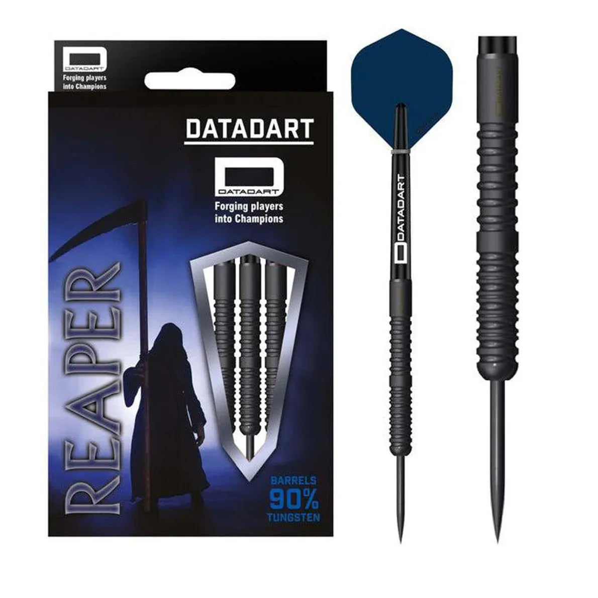 Full view of 90% tungsten darts set in retail box and isolated, featuring black PVD coated ringed grip barrels