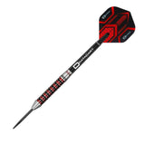 Angled view of 90% tungsten steel tip dart with red electroplated rings and geometric black-red flight on white background