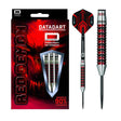 Red Demon 90% tungsten darts in retail packaging and isolated on white background, highlighting straight barrel with red and silver rings