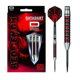 Red Demon 90% tungsten darts in retail packaging and isolated on white background, highlighting straight barrel with red and silver rings