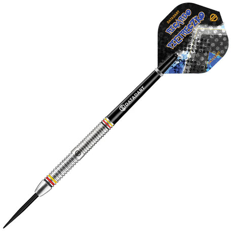 Single tungsten dart with radial cut barrel grip and branded flight, full product view on white background