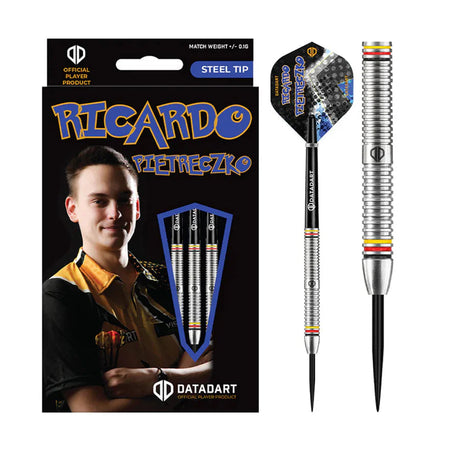 Steel tip tungsten darts with radial grip, colored rings, full set in packaging plus one dart isolated on white background
